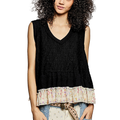POL Black Cotton Tank Top V-Neck Sleeveless Floral Ruffle Layered Boho Top