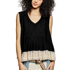 POL Black Cotton Tank Top V-Neck Sleeveless Floral Ruffle Layered Boho Top
