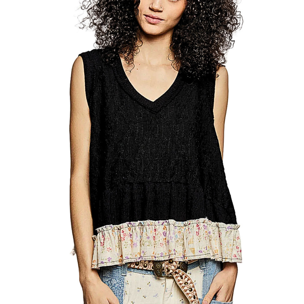 POL Black Cotton Tank Top V-Neck Sleeveless Floral Ruffle Layered Boho Top