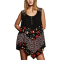 POL Black Floral Sleeveless Blouse Button V-Neck Rib Loose Casual Tank Top