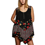 POL Black Floral Sleeveless Blouse Button V-Neck Rib Loose Casual Tank Top