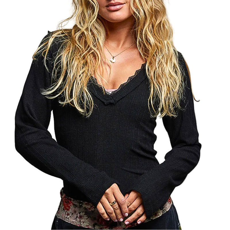POL Black Ribbed Top V-Neck Lace Floral Contrast Long Sleeve Casual Blouse