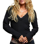 POL Black Ribbed Top V-Neck Lace Floral Contrast Long Sleeve Casual Blouse