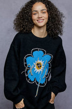 POL Black Sweater Floral Pattern Round Neck with Exposed Stitching Pullover Black POL_Black_Sweater_Floral_Pattern_Round_Neck_with_Exposed_Stitching_Pullover Trendsi