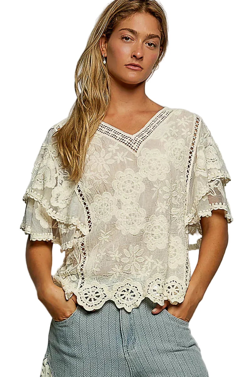 POL Blouse Floral Crochet V-Neck Short Sleeve Top Beige with Scalloped Hem