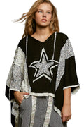 POL Blouse Floral Star Patch Hooded Black with Lace Contrast Detail Top