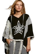 POL Blouse Floral Star Patch Hooded Black with Lace Contrast Detail Top