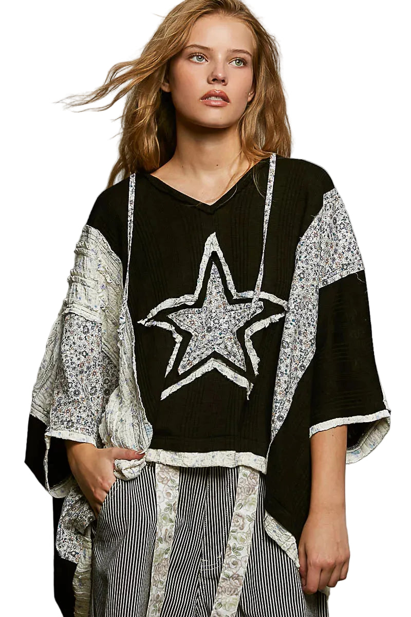 POL Blouse Floral Star Patch Hooded Black with Lace Contrast Detail Top