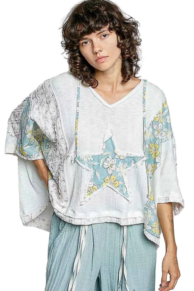 POL Blouse Floral Star Patch Hooded Off White Top with Lace Contrast Detail