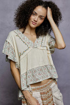 POL Blouse Floral V-Neck Short Sleeve Ruffled Double Gauze with Embroidery Top NATURAL POL_Blouse_Floral_V-Neck_Short_Sleeve_Ruffled_Double_Gauze_with_Embroidery_Top Trendsi