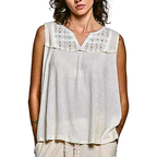 POL Blouse Sleevless Floral Lace Patch V-Neck Cut Out Woven Ruffle Ivory Top