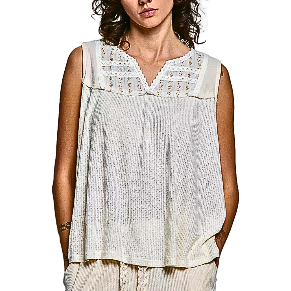 POL Blouse Sleevless Floral Lace Patch V-Neck Cut Out Woven Ruffle Ivory Top
