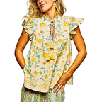 POL Blouse Tassel-Tied Floral Lemon Multi Print Ruffle Flutter Short Sleeve Boho Top