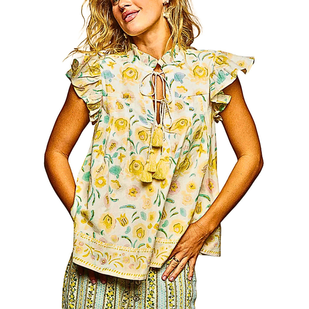 POL Blouse Tassel-Tied Floral Lemon Multi Print Ruffle Flutter Short Sleeve Boho Top