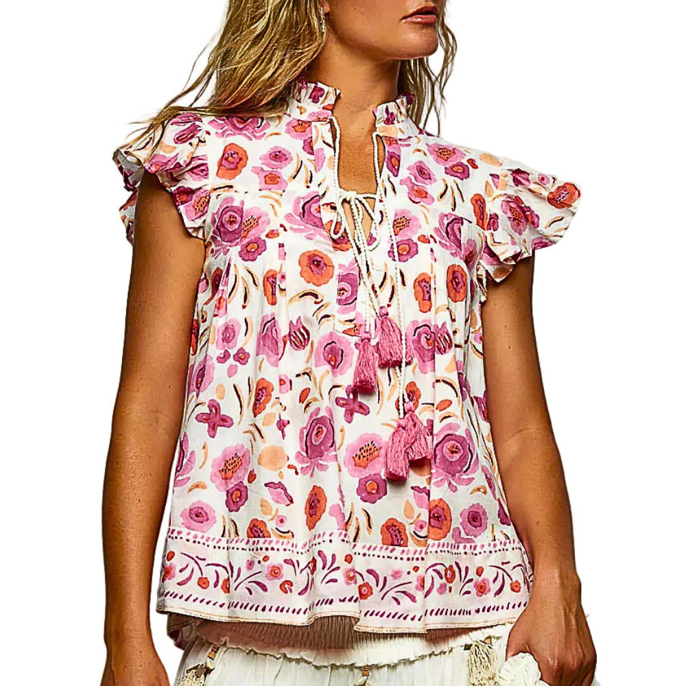 POL Blouse Tassel-Tied Floral Pink Multi Print Ruffle Flutter Short Sleeve Casual Top