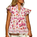 POL Blouse Tassel-Tied Floral Pink Multi Print Ruffle Flutter Short Sleeve Casual Top