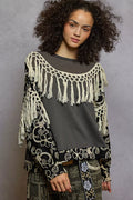 POL Blouse with Tassel Trim Contrast Floral Embroidery Balloon Sleeve Top MOSS CHARCOAL POL_Blouse_with_Tassel_Trim_Contrast_Floral_Embroidery_Balloon_Sleeve_Top Trendsi