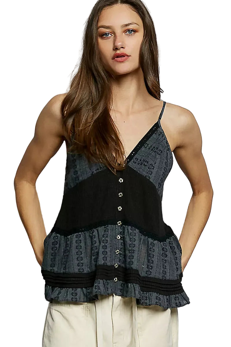 POL Cami Top Black Button Front V-Neck Ruffled with Pintuck Accents
