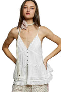 POL Cami Top Button Front V-Neck Ruffled with Pintuck Accents Off White