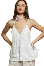 POL Cami Top Button Front V-Neck Ruffled with Pintuck Accents Off White