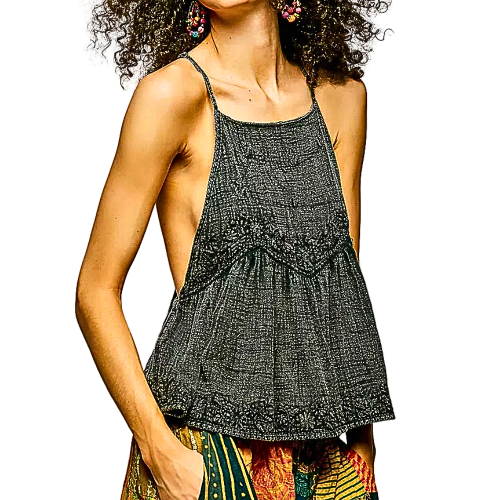 POL Cami Top Texture Black Floral Embroidered Square Neck Ruffle Backless Tank