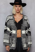 POL Open Front Geometric Print Cardigan with Fringe Detail BLACK MULTI POL_Cardigan_Black_Open_Front_Geometric_Print_with_Fringe_Detail Trendsi