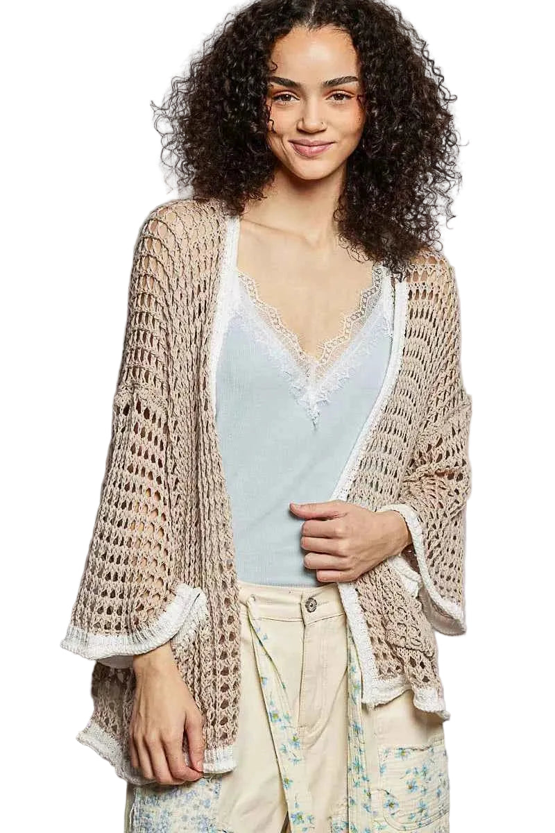 POL Cardigan Openwork Knit Latte Open Front with Contrast Trim
