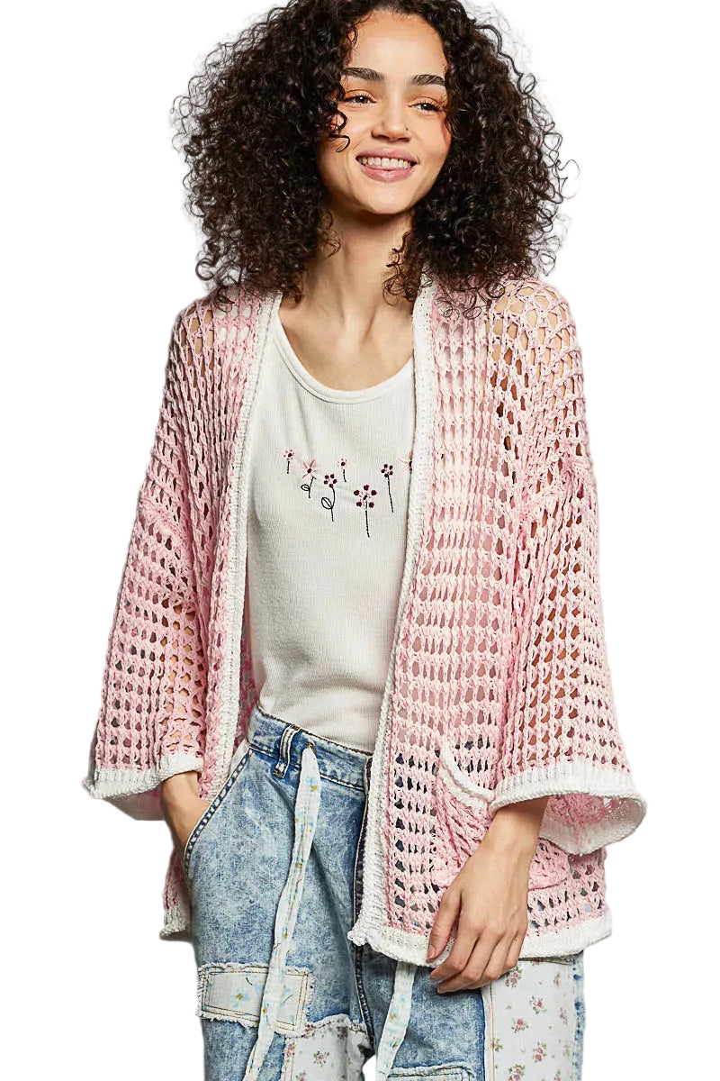POL Cardigan Openwork Knit Soft Pink Open Front with Contrast Trim Top
