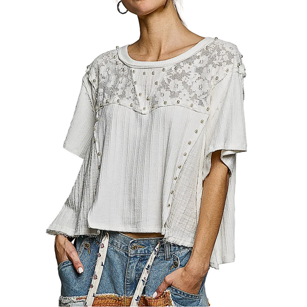 POL Casual Blouse Floral Lace Pearl Stud Round Neck Short Sleeve Ivory Top