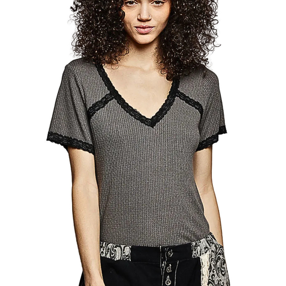 POL Casual Textured T-shirt Black V-Neck Lace Trim Short Sleeve Blouse