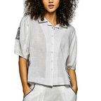 POL Cotton Shirt Ivory Floral Embroidered Button-up Short Sleeve Boho Casual Top