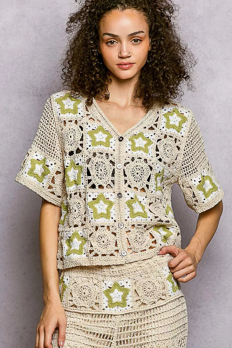 POL Crochet Cardigan Beige Olive Contrast Star Button Front V-Neck Short Sleeve