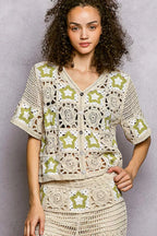 POL Crochet Cardigan Beige Olive Contrast Star Button Front V-Neck Short Sleeve