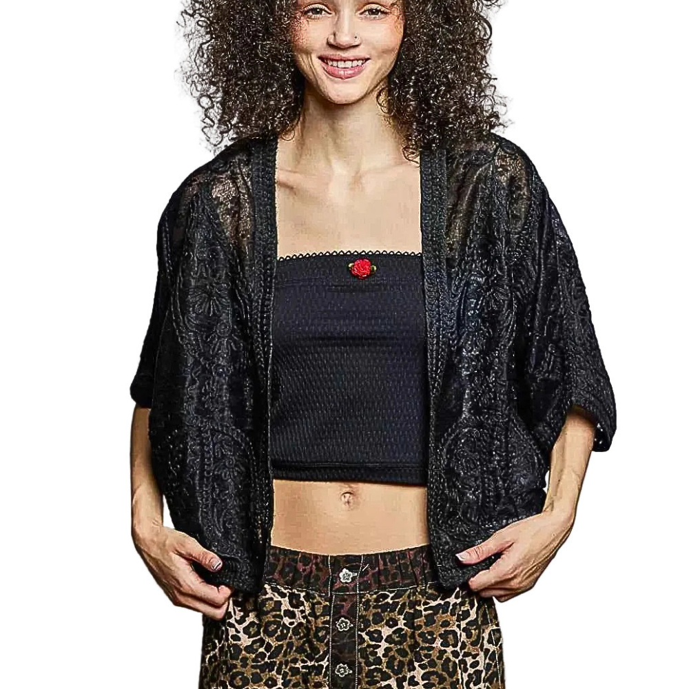 POL Crochet Cardigan Black Floral Lace Open Front Short Sleeve Boho Top