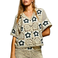 POL Crochet Cardigan Contast Star Plaid Square V-Neck Button Short Sleeve Top