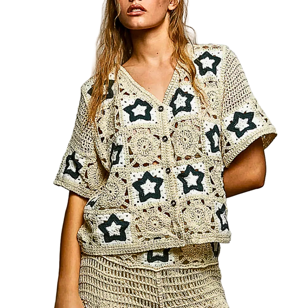 POL Crochet Cardigan Contast Star Plaid Square V-Neck Button Short Sleeve Top