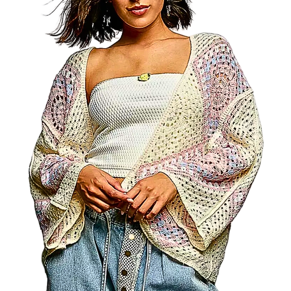 POL Crochet Cardigan Floral Diamond Pattern Pink Ivory Open Knit Oversized Sweater