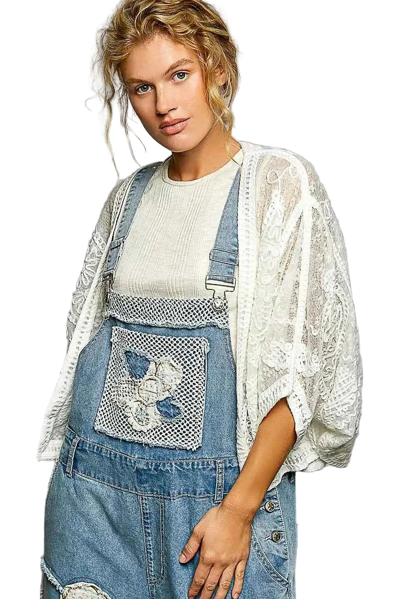 POL Crochet Cardigan Off White  Floral Embroidery Open Front Oversized