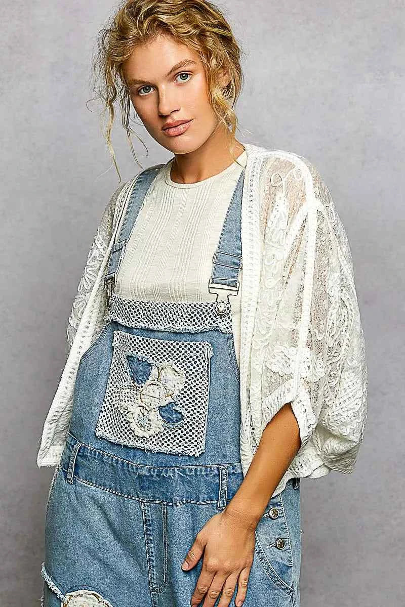POL Crochet Cardigan Off White  Floral Embroidery Open Front Oversized