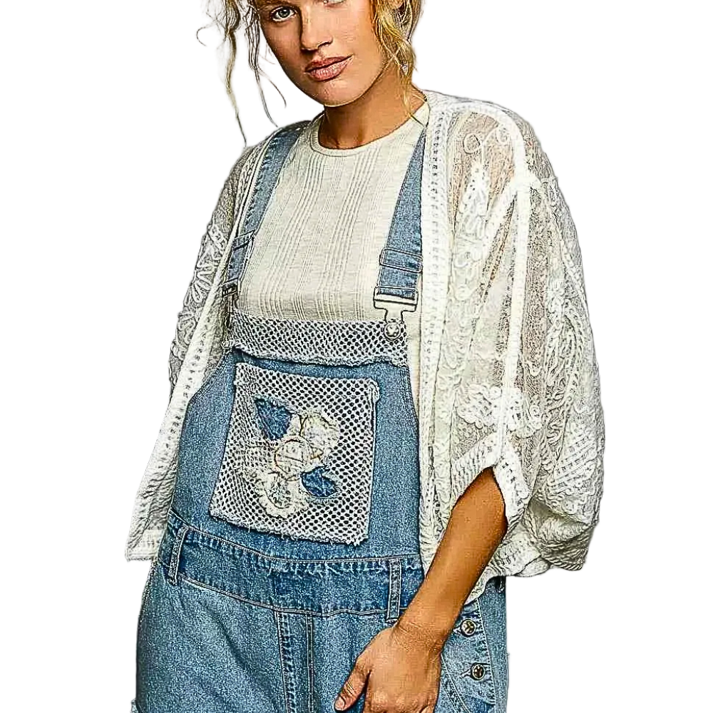 POL Crochet Cardigan Off White  Floral Lace Embroidery Open Front Oversized