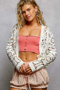POL Crochet Cropped Cardigan Off White Womens V-Neck Long Sleeve OFF WHITE One Size POL_Crochet_Cropped_Cardigan_Off_White_Womens_V-Neck_Long_Sleeve Trendsi