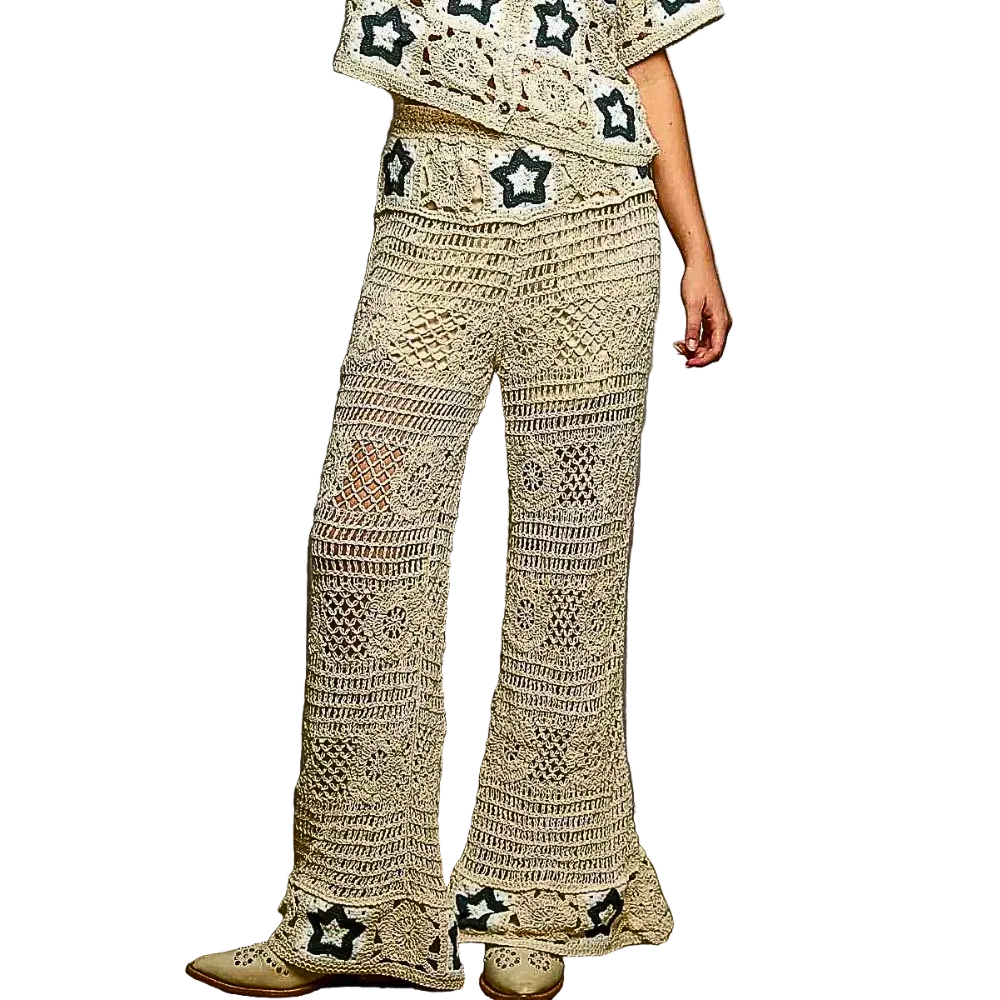 POL Crochet Flare Pants Wide Leg Floral Open-Knit Beige Indigo Star Drawstring Waist