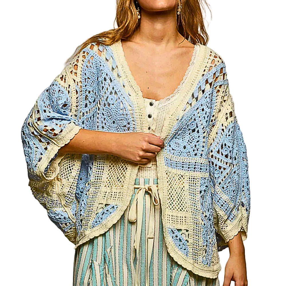 POL Crochet Floral Cardigan Oversized Open Knit Sky Blue 3/4 Sleeve Boho Sweater