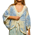 POL Crochet Floral Cardigan Oversized Open Knit Sky Blue 3/4 Sleeve Boho Sweater
