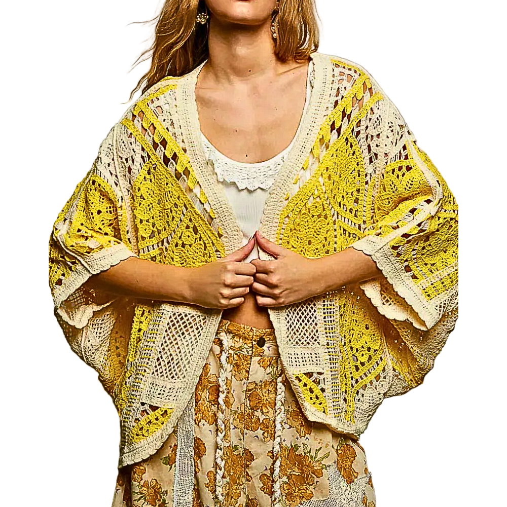 POL Crochet Floral Cardigan Oversized Open Knit Yellow 3/4 Sleeve Boho Sweater Top