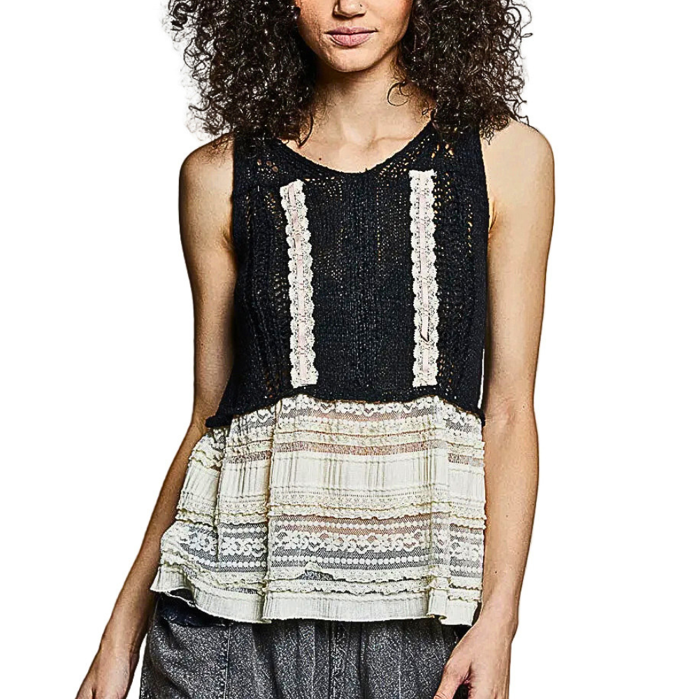 POL Crochet Knit Top Black V-Neck Lace Trim Ruffle Sleeveless Boho Lightweight Blouse