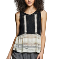 POL Crochet Knit Top Black V-Neck Lace Trim Ruffle Sleeveless Boho Lightweight Blouse