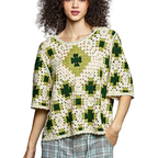 POL Crochet Knit Top Short Sleeve Geometric Boho Woven Green Blouse