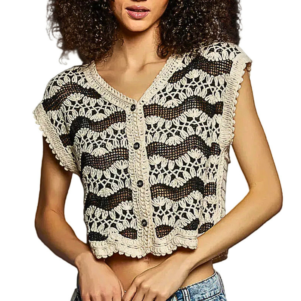 POL Crochet Knit Vest Floral Black Striped V-Neck Sleeveless Ruffle Edge Top