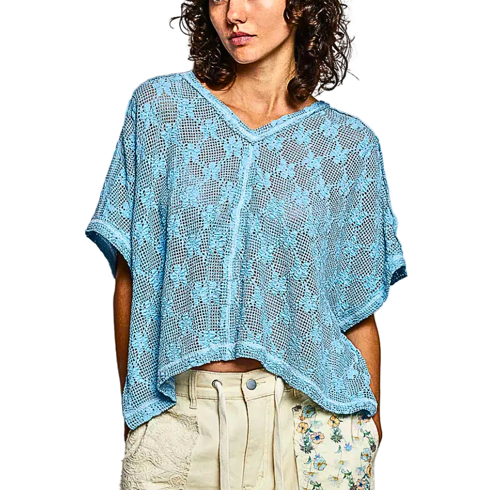 POL Crochet Lace Floral Oversized Blouse V-Neck Light Blue Short Sleeve Casual T